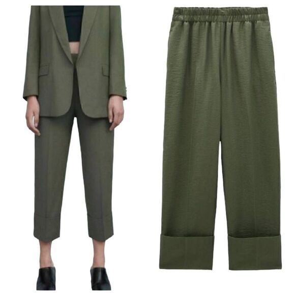 Zara Pants - NEW Zara High Waist Olive Turn Up Hem Trousers Pants Size Small